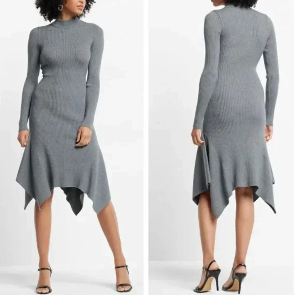 Express Gray Ribbed Mock Neck Asymmetrical Hem Sweater Dress XS